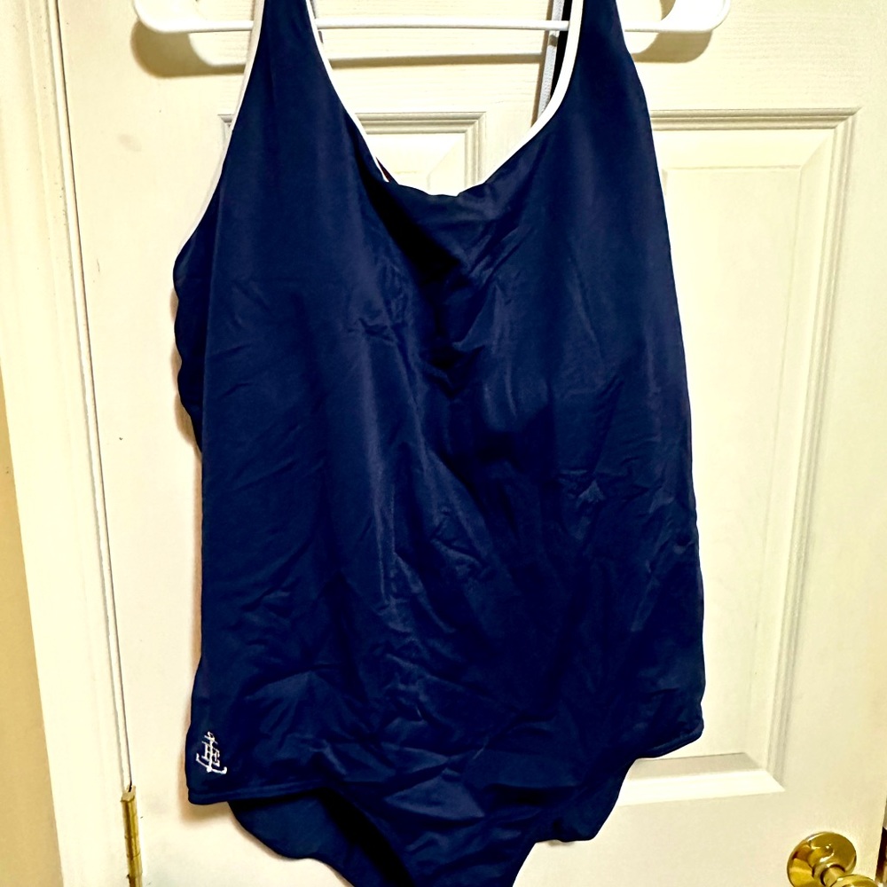 Two (2) size 26W one piece swimsuits.  Navy blue/white piping.  Like New